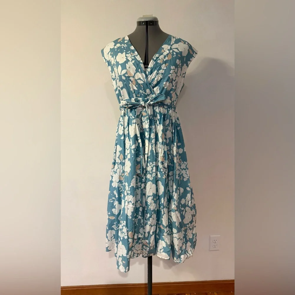 Floral Midi Dress in Teal and White - Picture 1 of 6
